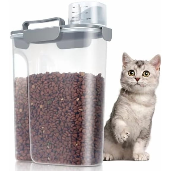 Large Cat Food Storage Container, Portable Dog Food Container with Upgraded Large Spout and Cup, Travel Pet Food Storage Dispenser for Small Animal Kibble Storage, Bird Seed Container - Grey