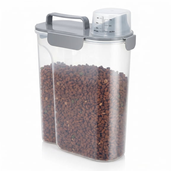 Portable Pet Food Storage Container with Large Spout and Measuring Cup, Travel Kibble Dispenser for Cats and Dogs, Grey