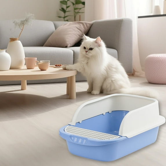 Large Cat Litter Box 17.72"x11.81"x7.09" Semi-Enclosed Privacy Toilet with High Walls Splash Guard(Blue)
