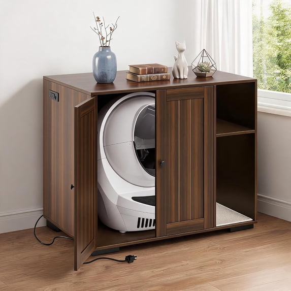Large Cat Litter Box Cabinet with Built-in Power Outlet Dog-Proof Shelf Fits Most Self-Cleaning Litter Boxes 5Ft Cord