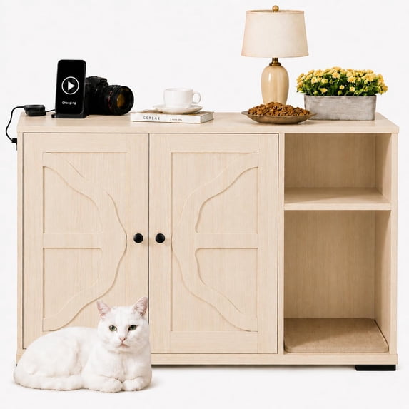Large Cat Litter Box Cabinet with Built-in Power Outlet Dog-Proof Shelf Fits Most Self-Cleaning Litter Boxes 5Ft Cord