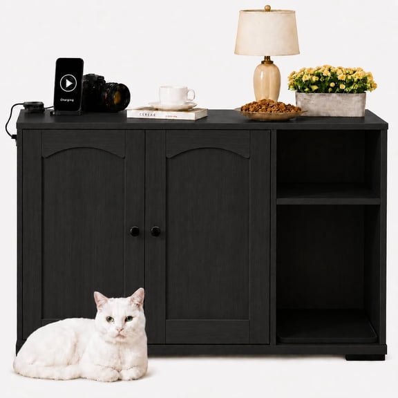 Large Cat Litter Box Cabinet with Built-in Power Outlet Dog-Proof Shelf Fits Most Self-Cleaning Litter Boxes 5Ft Cord