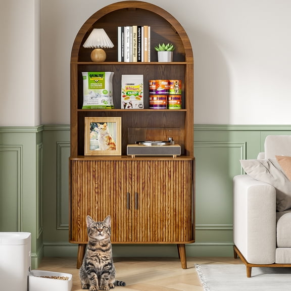 Large Cat Litter Box Enclosure, Large Hidden Litter Box Cabinet with Storage Shelf, Arched Cat Furniture for Living Room