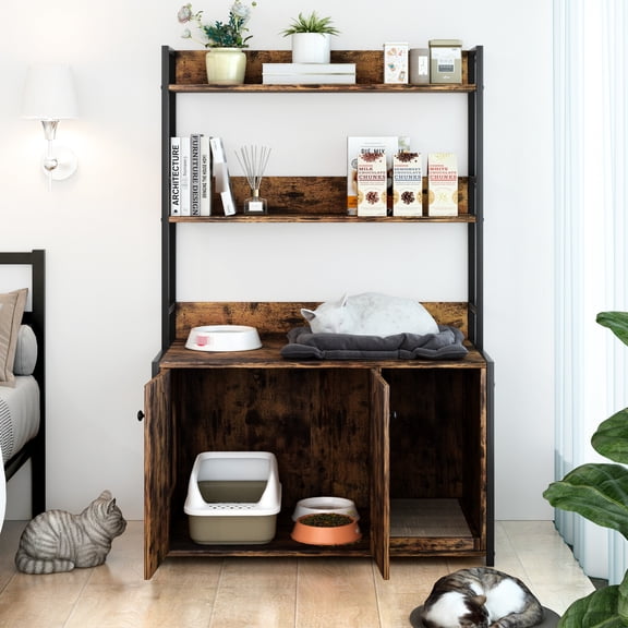 Large Cat Litter Box Enclosure With Shelf And Scratch Pad, Stable Indoor Cabinet, Hidden Washroom, 2 Door, Brown Cabinet Enclosure, Storage Secret Bathroom Cove, Doors,