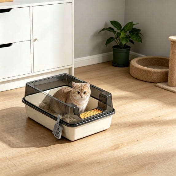 Large Cat Litter Box, High Sided Enclosed Cat Toilet with Anti-Track Lid and Mat, Split Easy Clean Design with Spoon Filter, Odor Prevention for Indoor Cats 15.75x11.81x6.3in