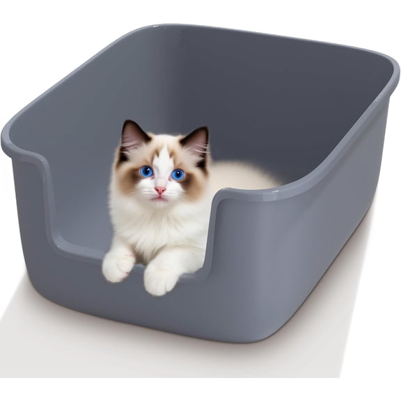 Large Cat Litter Box High Sided Entry Cat Litter Pan 50 x 40 x 22 CM, Anti-Splashing Deep Tall Cat Boxes for Indoor Cats Basics Kitty Litter Box (Grey)