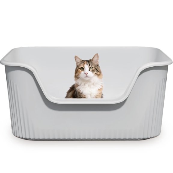 Large Cat Litter Box with High Sides 21.5 * 16.1 * 10.4 inches Big Litter Boxes for Large Cats Easy Clean Open Litter Box, Anti-Splashing&Leak-Proof, Grey