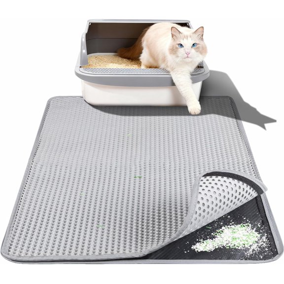 Large Cat Litter Box Mat for Cats, Double Layer Honeycomb Cat Litter Trapping Mats, Waterproof, Urine Proof,Non-Slip Litter Pad for Indoor Kitty Cat Litter Mat, Easy to Clean Grey (33.8'' x 23.6'')
