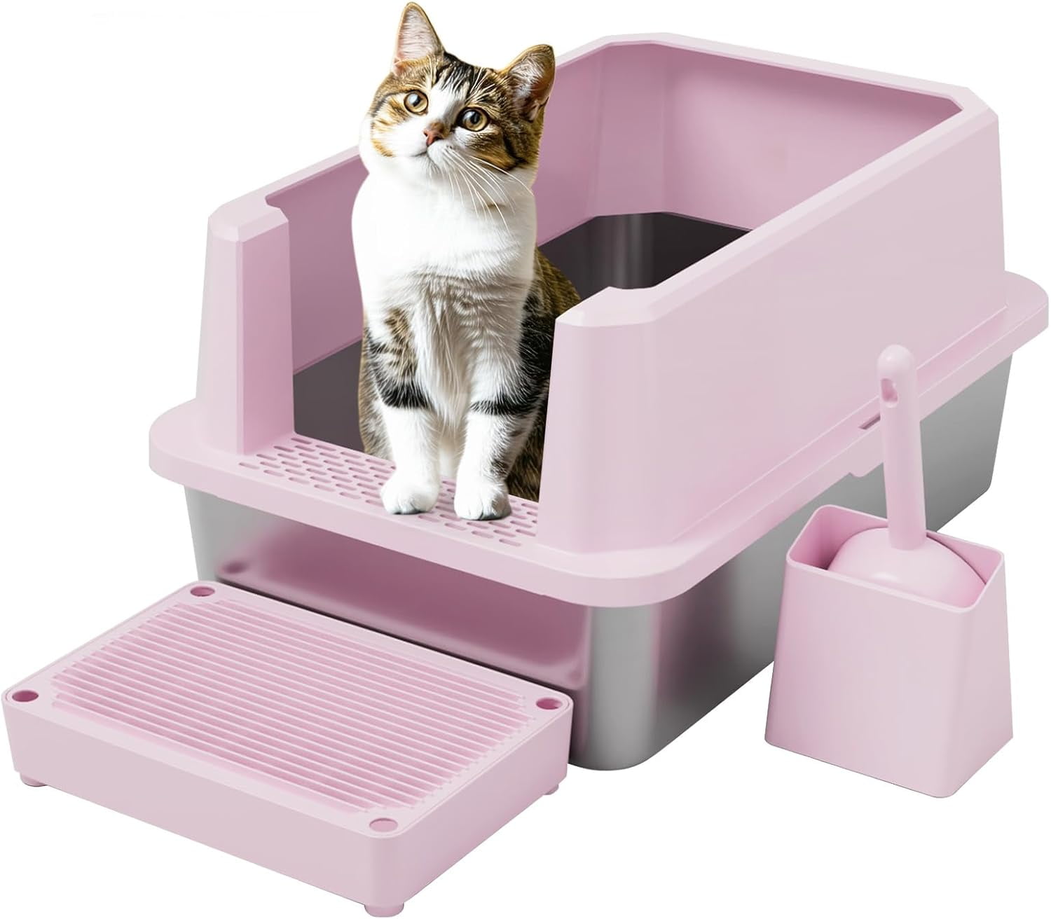 Large Cat Litter Box: Pink Semi-Closed Stainless Steel Litter Box with High Edges - Odorless Litter Pan Anti Leakage for Small to Large Cats for Bedroom Living Room