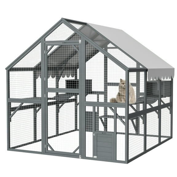 Large Cat Run Outdoor Enclosure, Wooden Catio Kitty Mansion with Suspension Bridges, Strolling Paths, Cozy Cabins, Protective Roof Cover, 82 Inch Expanse