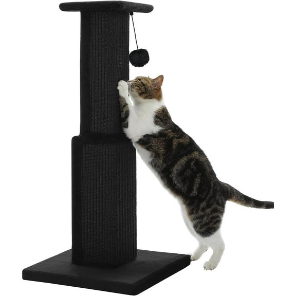 Large Cat Scratching Post 32 Tall Black Scratching Post for Indoor Cats Adults Ultimate Scratch Post with Woven Sisal, Large Base and Removable Dangling Ball- Black
