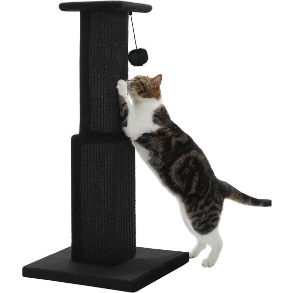 Large Cat Scratching Post 32 Tall Black Scratching Post for Indoor Cats Adults Ultimate Scratch Post with Woven Sisal, Large Base and Removable Dangling Ball- Black