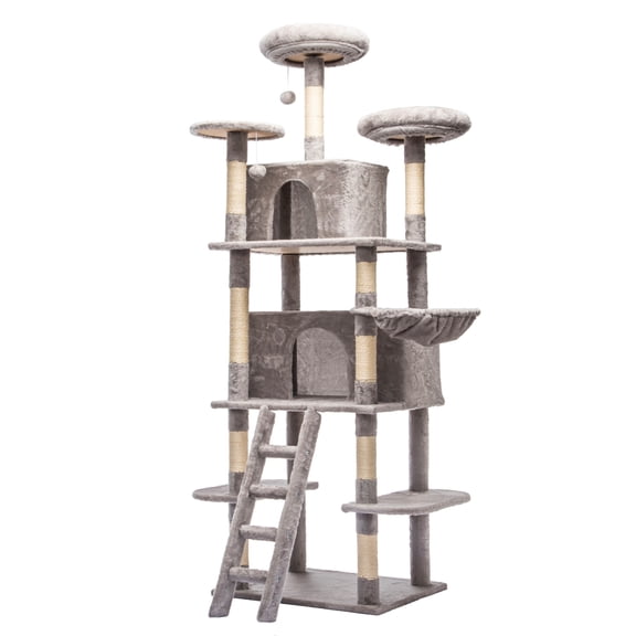 Large Cat Tree with 2 Private Condos 3 Perches & Hanging Hammock Skin-Friendly Short Plush Natural Sisal Scratching Areas Safe Stable for Multi-Cat Families Kittens to Senior Cats