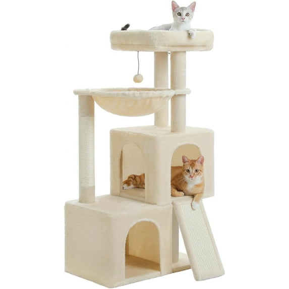Large Cat Tree, 41 Inches Multi-Level Cat Tower with 2 Spacious Condos for Indoor Cats, Large Cat House with Comfy Hammock, Padded Perch, Scratching Pad and Replaceable Balls-Beige