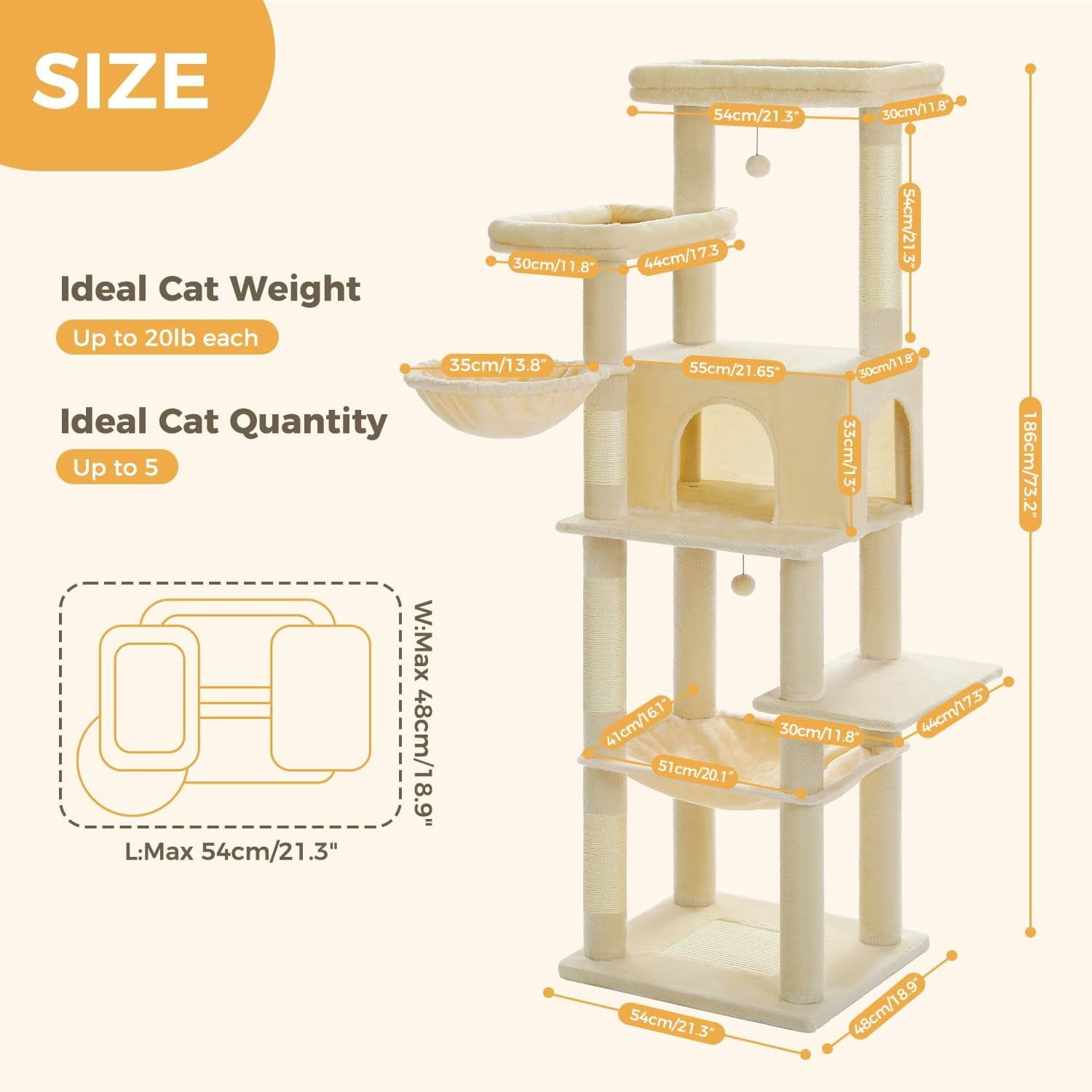 Large Cat Tree, 73 Inches Tall Cat Tower with 1 Large Padded Perch,2 Spacious Hammocks,8 Long Scratching Posts, XL Plush Cat Condo for Indoor Adult Cats,Beige