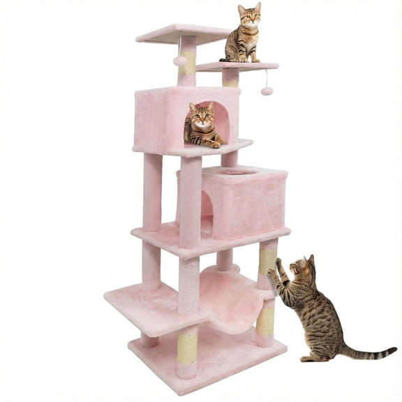 Large Cat Tree For Indoor Cats, 57 Inch Multi Level Cat Tower With Sisal Scching Posts, Dual Condos, Hammock, Perch, Dangling Balls, Climbing Furniture For Apartment Living Room Corner, Pink