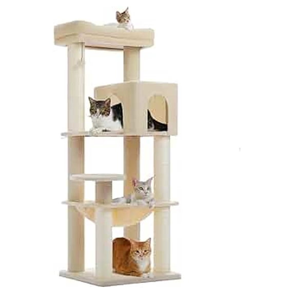 Large Cat Tree for Maine Coon, 57.8" Heavy Duty Cat Tower for Big Cats up to 30lbs, Reinforced Scratching Posts (3.7in), Plush Cat Furniture with Hammock & Condo, Beige