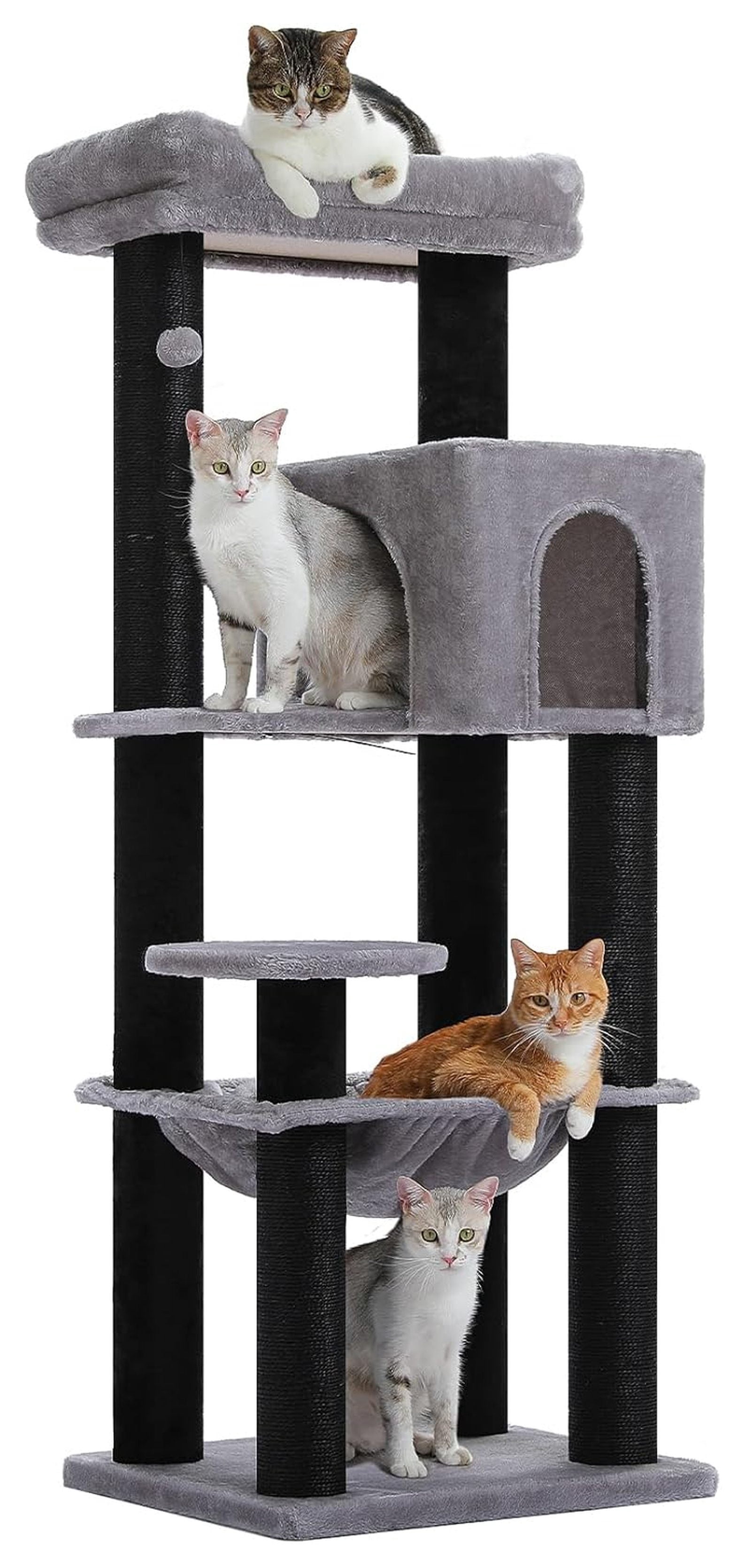 Large Cat Tree for Big Cats 30lbs, 57.8" Heavy Duty Tower, Maine Coon Cat Furniture - Reinforced Scratching Posts, Hammock & Condo, Plush Black