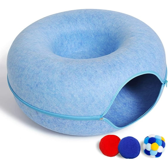 Large Cat Tunnel Bed for Indoor Cats with 3 Toys, Scratch Resistant Donut Cat Bed, Up to 30 Lbs (L 24x24x11, Dark Grey)