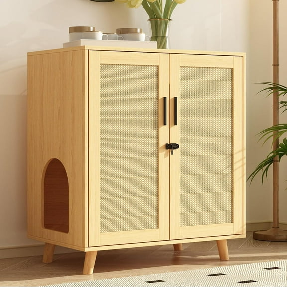 Large Cat litter Box Enclosure, 2 In 1 Hidden Cat Washroom Furniture with Sisal Covered Doors, 2 Layers Wooden Cat Cabinet with Adjustable Shelf, Side Table TV Stand for Living Room,Natural