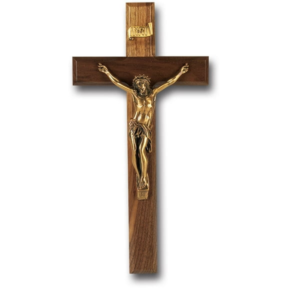 Large Catholic Genuine Walnut Wall Crucifix, 12", for Home, Office, Over Door