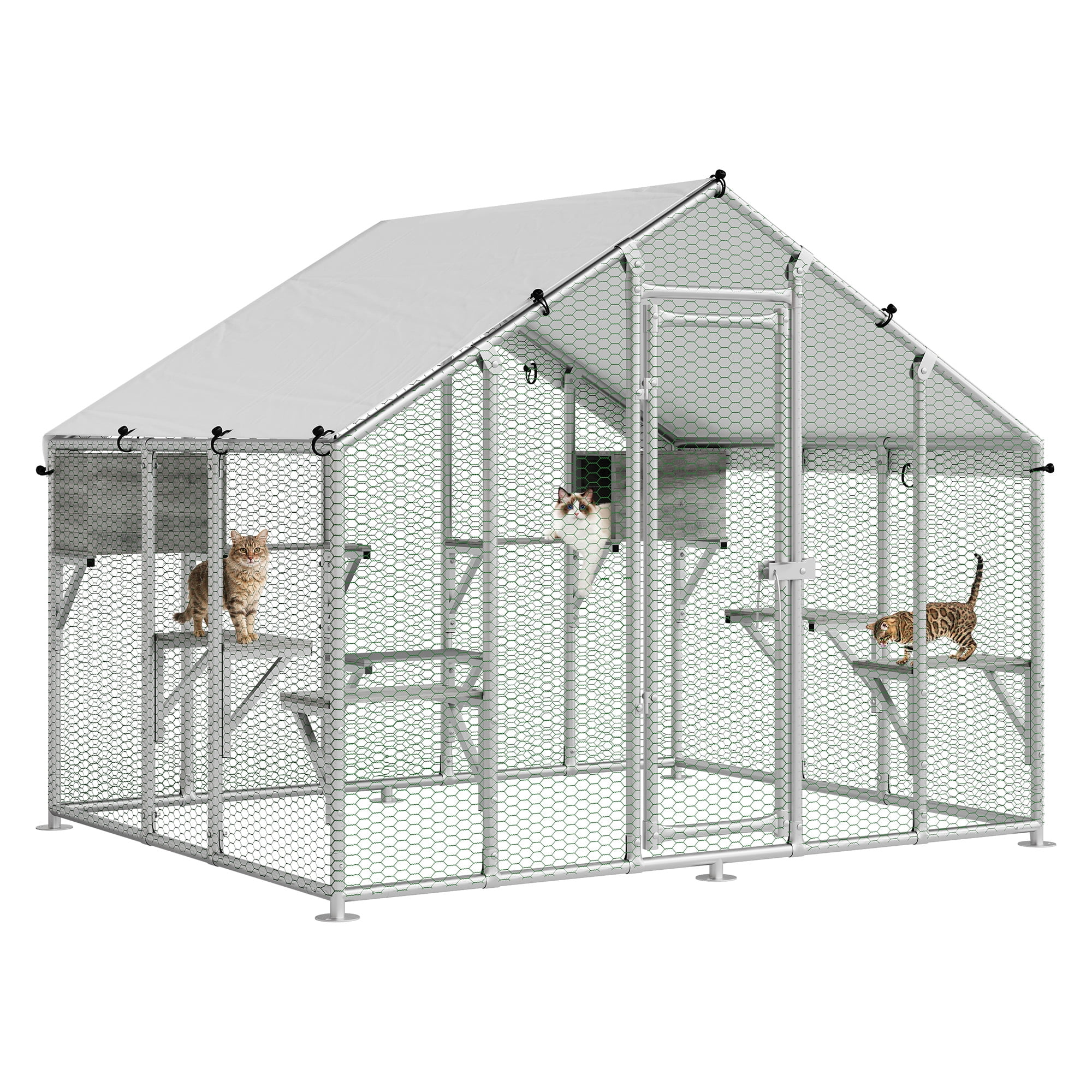 Large Catio Outdoor Cat Enclosure 77''H Extra Large Walk-in Cat Patio for Multiple Cats, Outdoor Catio with Waterproof Cover, 2 Resting Boxes and 7 Platforms, Metal Chicken Run Coop