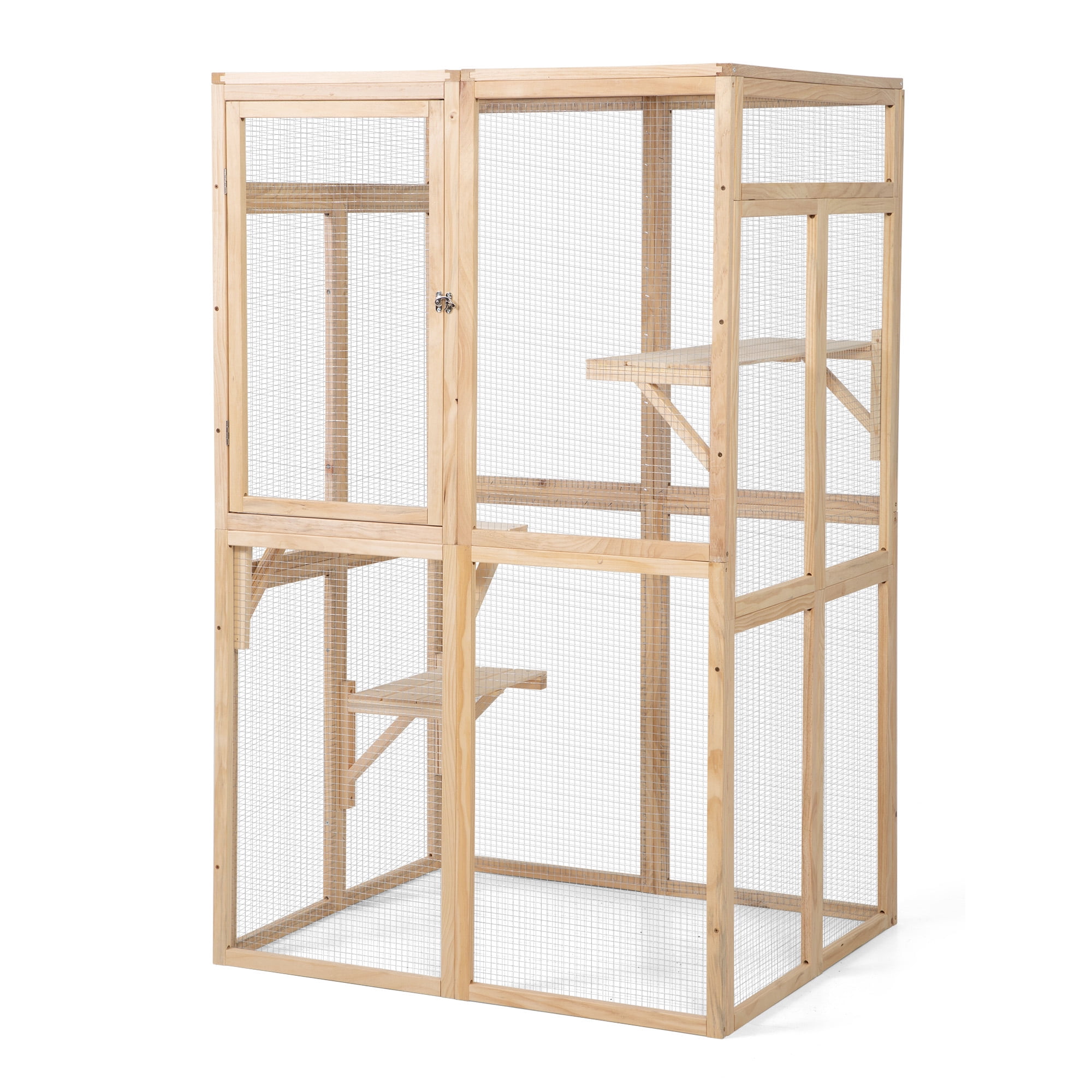 Large Catio Outdoor Cat Enclosure For Multiple Cats, Wooden Walk In Cat Cage With Weather Protection Roof, 1 Fabric Hammock, 1 Sunshine Board And 3 Jumping Platforms