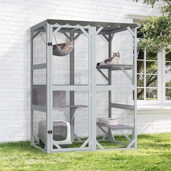 Large Catio Outdoor Cat Enclosure with Weatherproof Roof, 69.3" Walk-in Cat House for Multiple Cats, 3-Tier Wooden Indoor Cat Cage with 3 Platforms & 1 Resting House, Gray