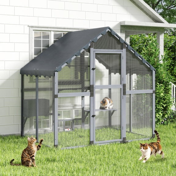 Large Catio Outdoor Cat Enclosure, Weatherproof Walk-in Cat House with Window Connection, Condo, Platform,Small Animal House for Multiple Kittens, Grey