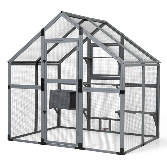 Large Catio Outdoor Cat Enclosure, Weatherproof Walk-in Cat House with Window Connection, Condo, Platform,Small Animal House for Multiple Kittens, Grey