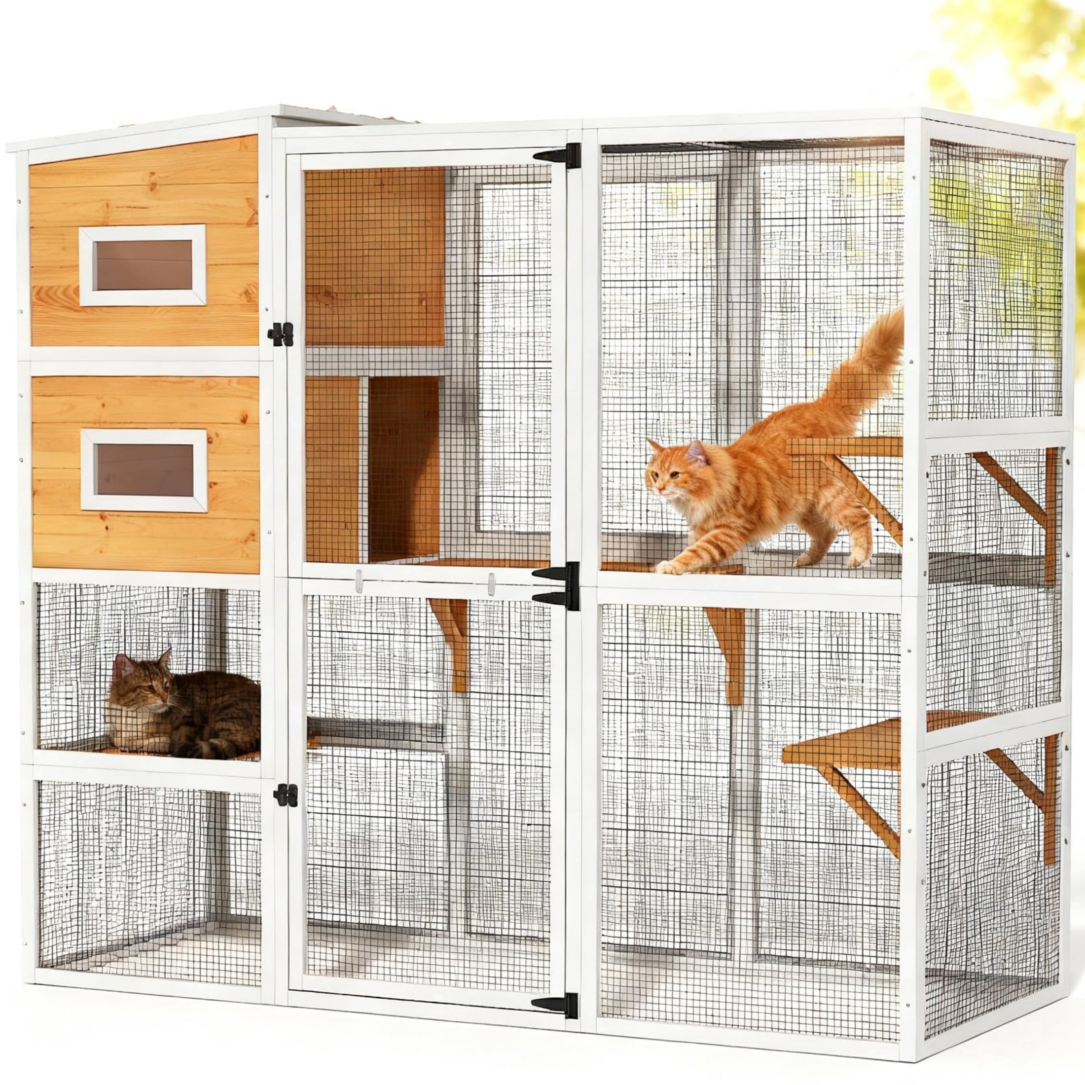 Large Catio Outdoor Cat Enclosure Window, 4 Tier Indoor House for Cats with Waterroof Roof, 3 Resting Rooms, 3 Platforms,Outdoor Catio Patio with Balcony, Connect to Window with 2 Large Door