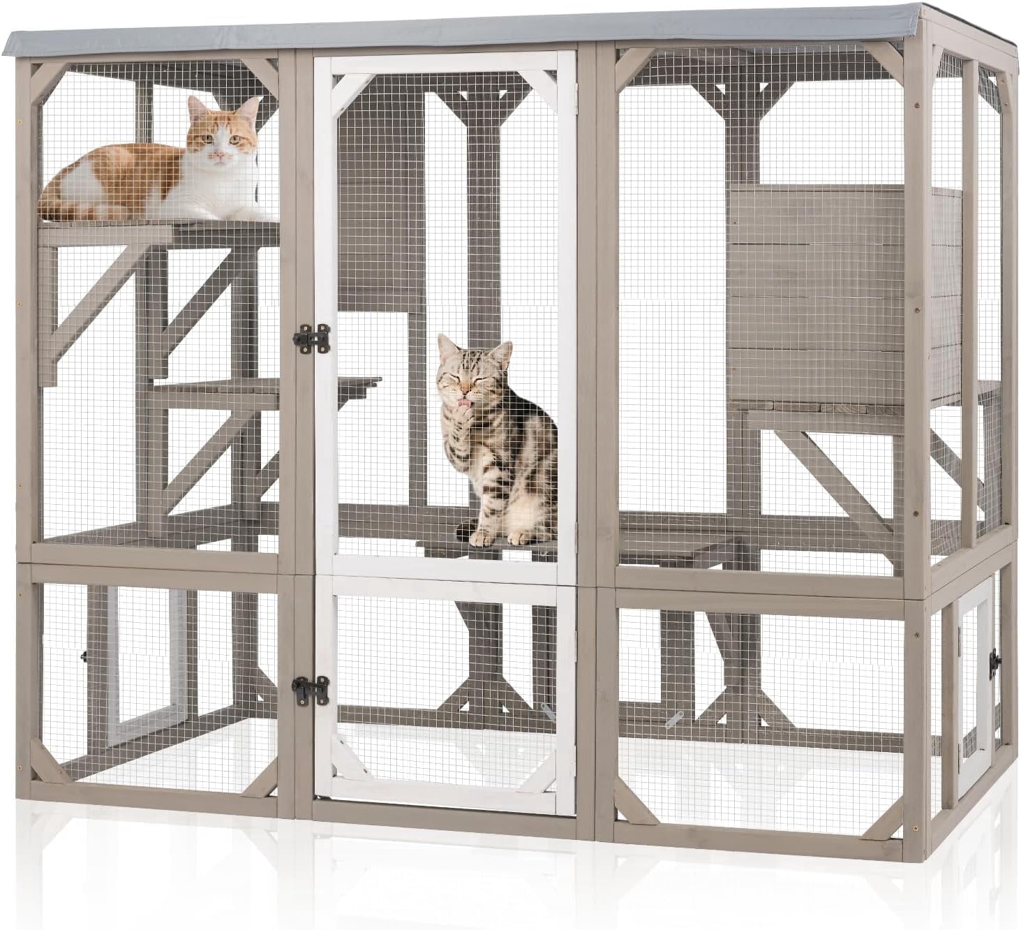 PETSCOSSET Large Catio Outdoor Cat Enclosure Window Access, Wooden Kitty Cage with Resting Room &3Platforms, Attached to Window