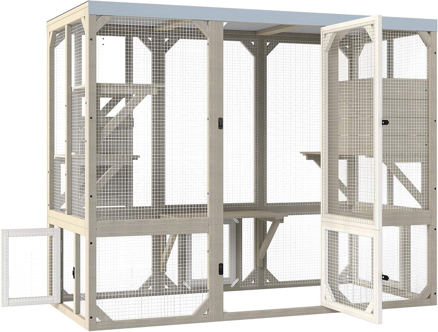 PETSCOSSET Wooden Catio Outdoor Cat Enclosure with Window Access, Weather-Resistant Roof, Gray