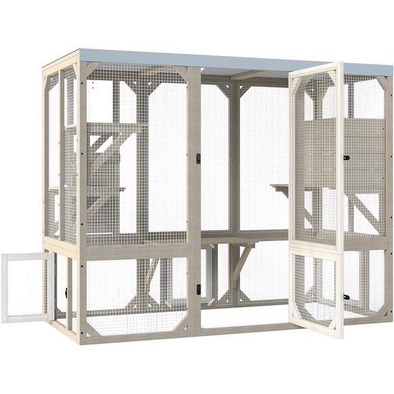 PETSCOSSET Wooden Catio Outdoor Cat Enclosure with Window Access, Weather-Resistant Roof, Gray