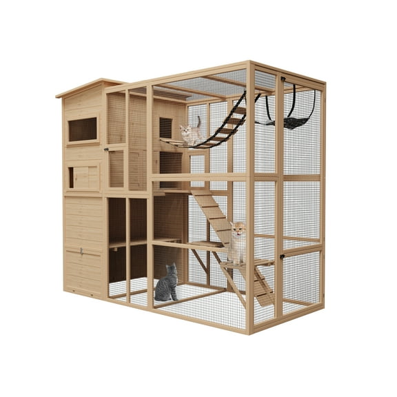 Large Catio Outdoor Cat Enclosure, Wooden Cat Cage Indoor Playpen for Multiple Cats with Waterproof Roof,Platforms, Resting Box, Bridges, Hammock, Ladder,76"L x 36"W x 69"H