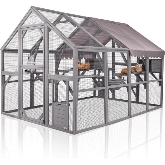 Large Catio Outdoor Cat Enclosures Wooden Cat House with Rest Houses, Platforms, Bridge, and Waterproof UV Cover - 110" D