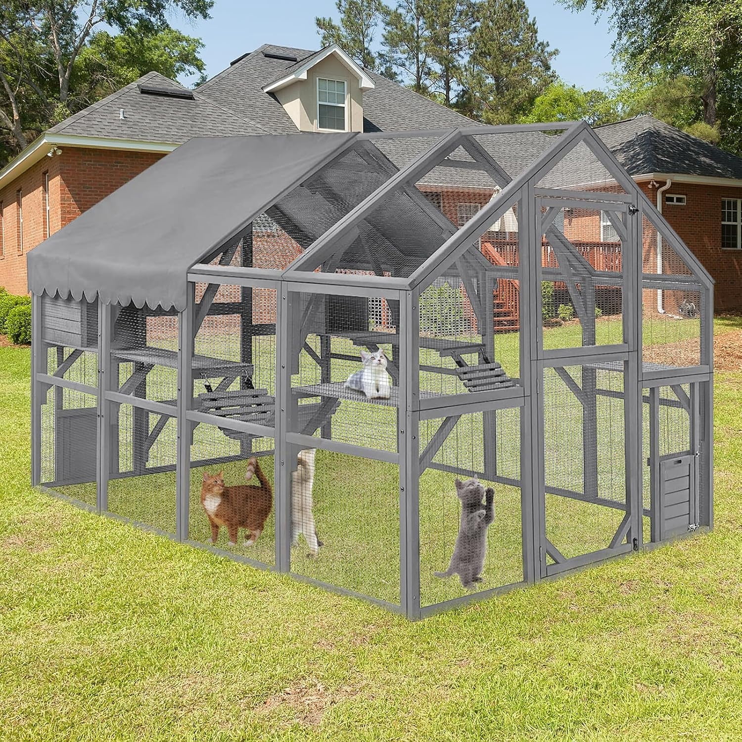 Large Catio Outdoor Cat House Enclosure Wooden Cat Cage Kitten Condo for Multiple Pets Walk in, with Bouncy Bridge, Platforms, Small Houses and Weatherproof Roof - 111”x74”x74”