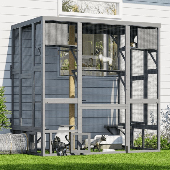 TIMHAKA Catio Outdoor Cat Enclosure, 73” Wall-Mounted Window Catio for Multiple Cats w/ Cats House, Multi-Level Platform, Scratching Post & Waterproof Cover, Gray