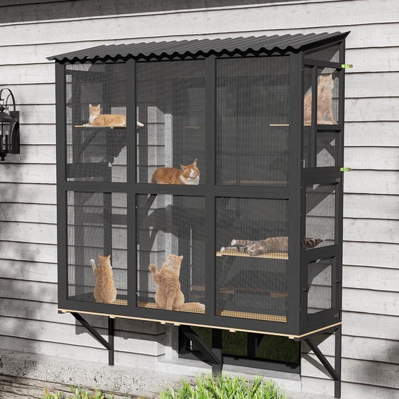Large Catio Window Box, Outdoor Cats Window Perch Enclosure for Indoor Cats with 4 Jump Platforms & 4 Doors, Kitten Patio House Connected with Tunnels, Weather Use (Black)