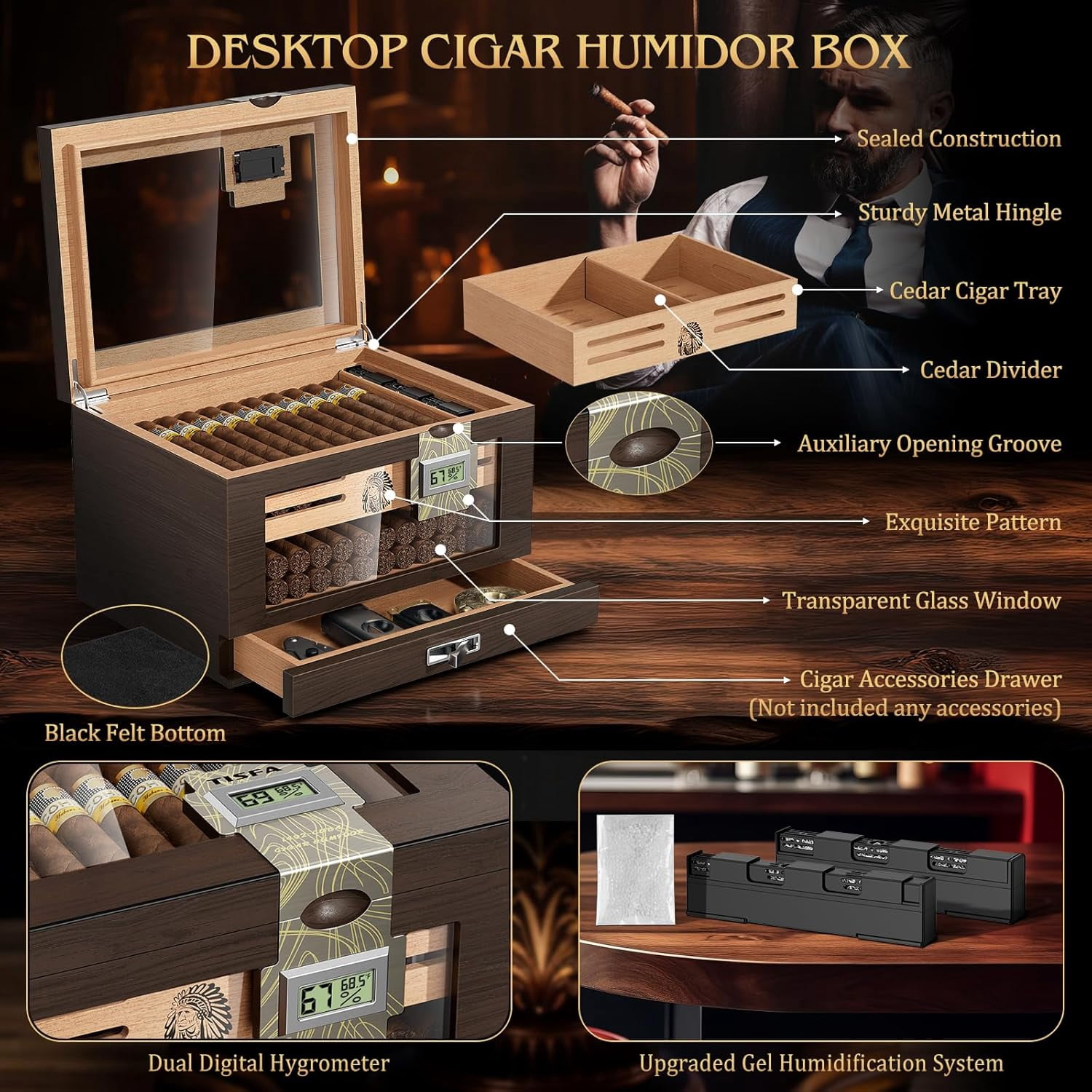 Large Cedar Wood Cigar Humidor Box with Digital Hygrometers and Travel Tubes