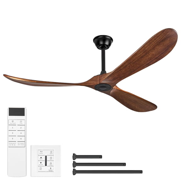 Large Ceiling Fan 60 Inch No Light, Solid Wood Blades with Remote & Wall Control, Reversible Motor