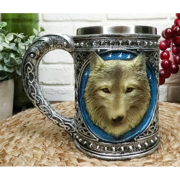 Large Celtic Blue Alpha Gray Wolf Mug Stainless Steel Rim Resin 18oz Cup