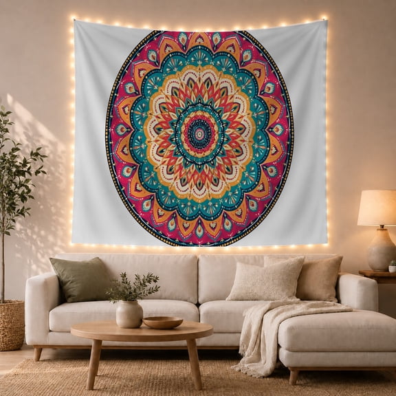 Large Central Circular Mandala on Light Pale Blue Background, Energetic Boho for Decor Lovers, Traditional Geometric Wall Art, Housewarming Gift, Tapestry Wall Hanging for Bedroom and Living Room