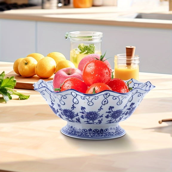 Large Ceramic Asian Motif Fruit Bowl - Ideal for Italian Dinner Party, Living Room/Dining Room Display | Perfect Kitchen Decor And Accessories, Pottery Large Fruit Bowl & Plates