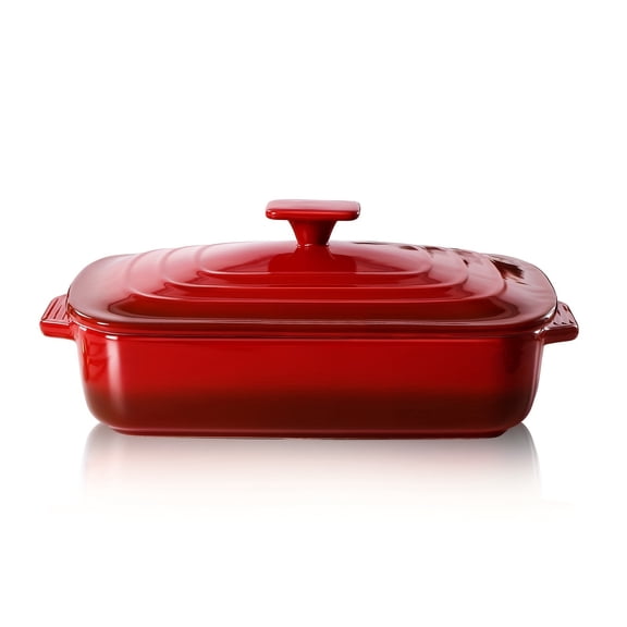 Large Ceramic Casserole Dish with Lid – 4.0-Quart Covered Rectangular Stoneware Baking Dish – Deep 9x13-Inch Lasagna Pan for Baking and Serving – Ideal Mother's Day Gift – Red