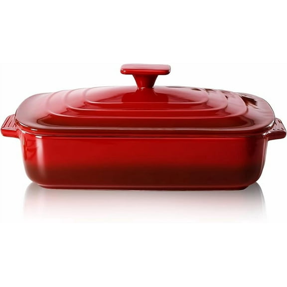 Lar Ceramic Casserole Dish with Lid, 4.0 Quart Covered Rectangular Stoneware Baking Dishes for Oven, Deep 9x13 Inch Lasagna Pans and Serving, Perfect Christmas gifts, Red
