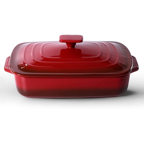 Large Ceramic Casserole Dish with Lid, 4.0 Quart Covered Rectangular Stoneware Baking Dishes for Oven, Deep 9x13 Inch Lasagna Pans for Baking and Serving, Red