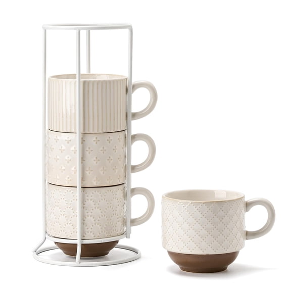 Large Ceramic Coffee Mug Set Of 4 With Stand 15 Oz Stackable Different Embossment Ribbed Latte Cup For Cappuccino Tea Hot Cocoa Drinks - Dishwasher &wave Safed