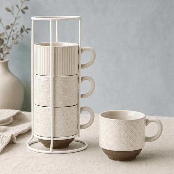 Large Ceramic Coffee Mug Set Of 4 With Stand 15 Oz Stackable Different Embossment Ribbed Latte Cup For Cappuccino Tea Hot Cocoa Drinks - Dishwasher &wave Safed