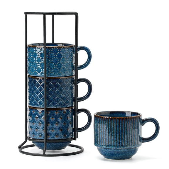 Large Ceramic Coffee Mug Set of 4 with Stand, 15 Oz Stackable Different Embossment Ribbed Latte Cup Set for Cappuccino, Tea, Hot Cocoa, Drinks - Dishwasher & Microwave Safe
